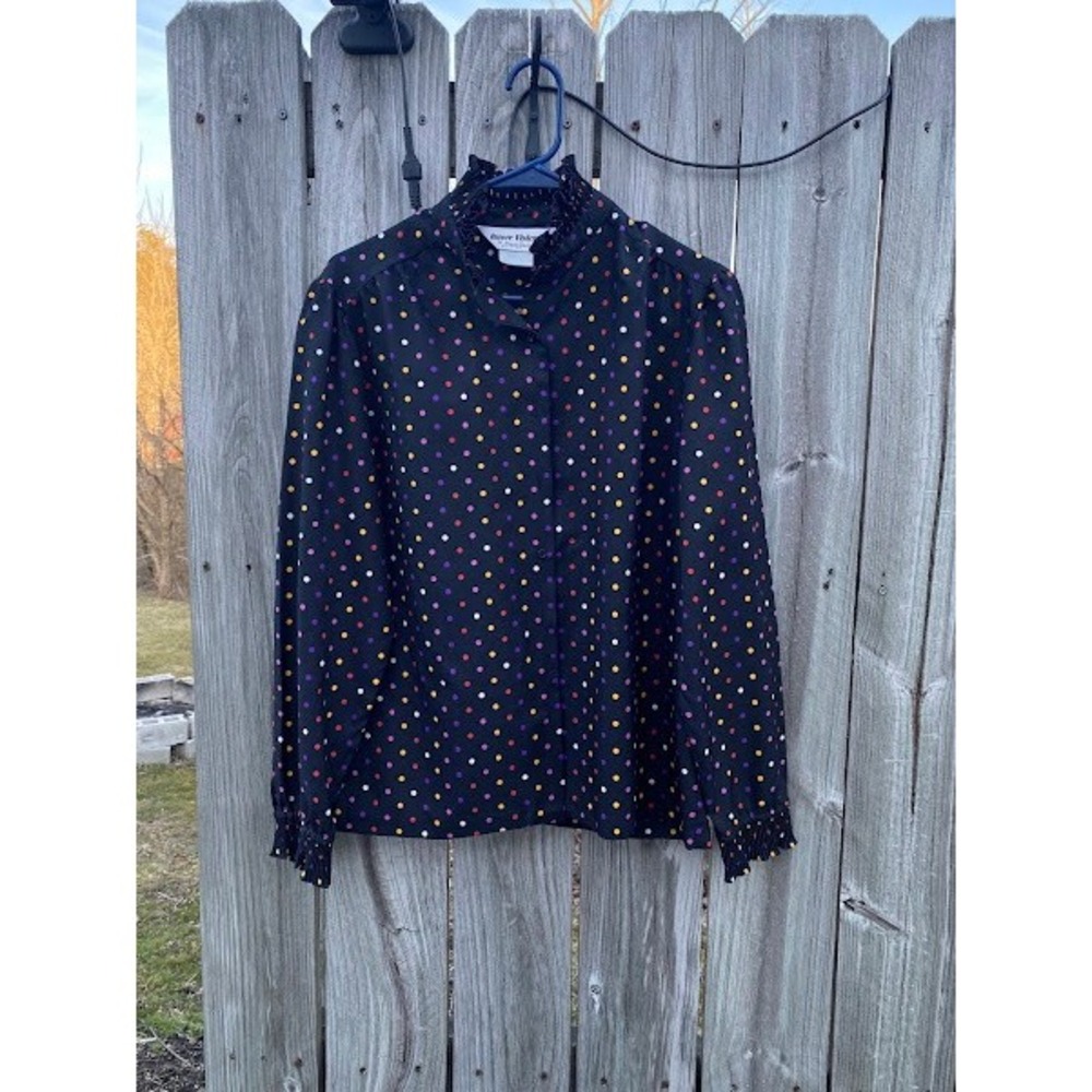 Vintage Inner Visions Ship n Shore Polka Dot Ruffle‎ Neck Blouse Black Multi L